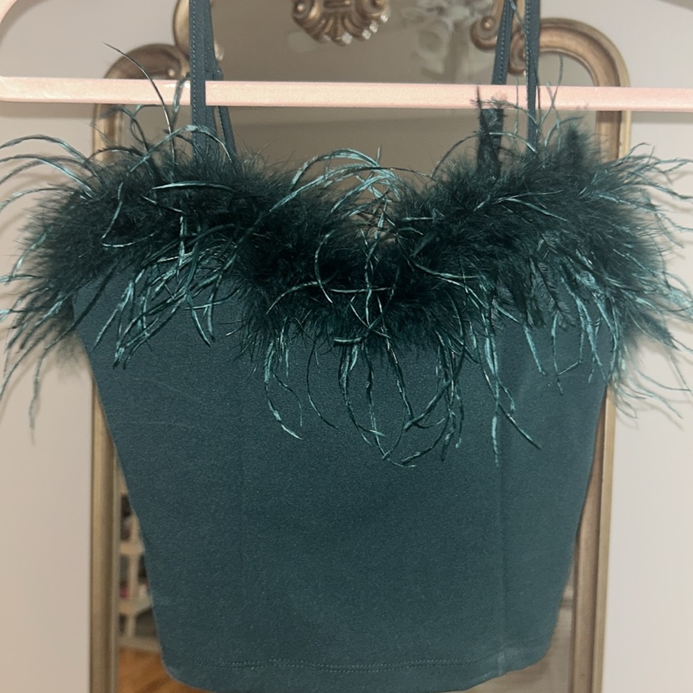 Green Feathered Crop Top